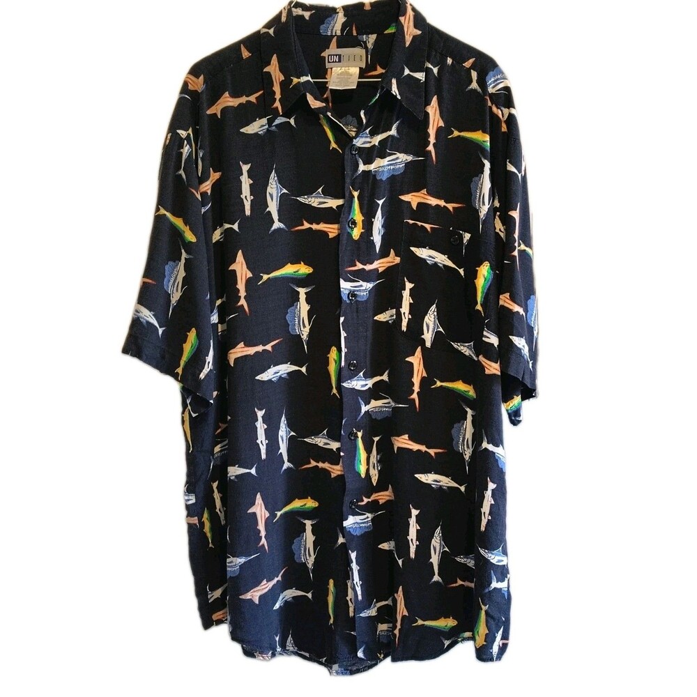UnTied Mens Large Short Sleeve Hawaiian Shirt Black Shark Fish Print Rayon Camp